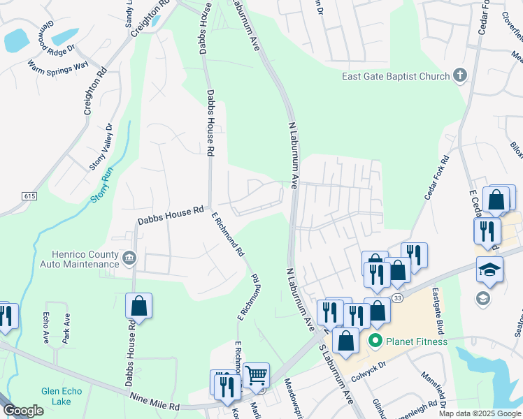 map of restaurants, bars, coffee shops, grocery stores, and more near Kingsridge Road in Henrico County
