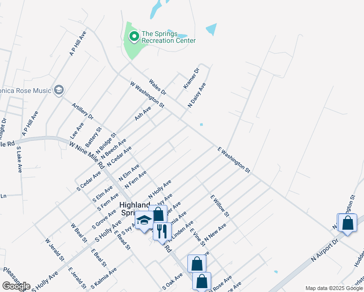 map of restaurants, bars, coffee shops, grocery stores, and more near 207 North Fern Avenue in Henrico