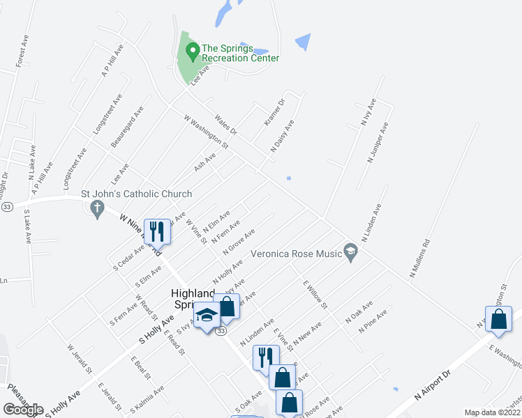 map of restaurants, bars, coffee shops, grocery stores, and more near 207 North Fern Avenue in Henrico