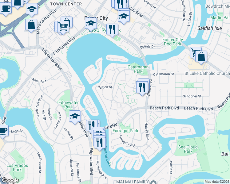 map of restaurants, bars, coffee shops, grocery stores, and more near 856 Erickson Lane in Foster City