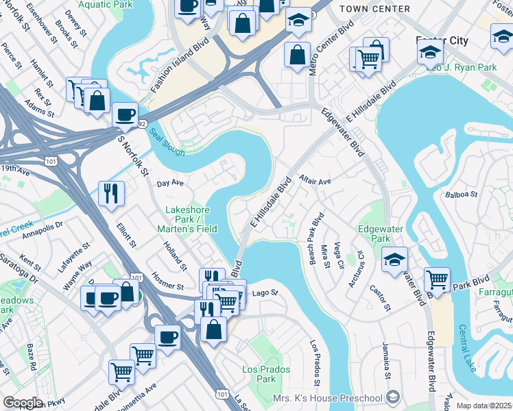 map of restaurants, bars, coffee shops, grocery stores, and more near 740 Promontory Point Lane in Foster City