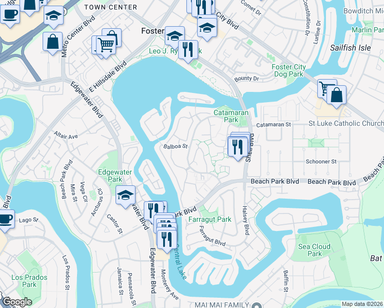 map of restaurants, bars, coffee shops, grocery stores, and more near 856 Erickson Lane in Foster City