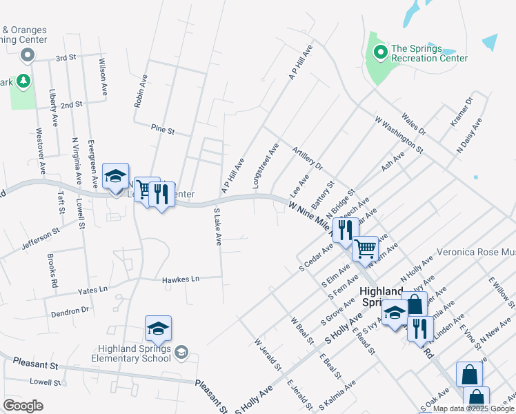 map of restaurants, bars, coffee shops, grocery stores, and more near 1005 West 9 Mile Road in Highland Springs
