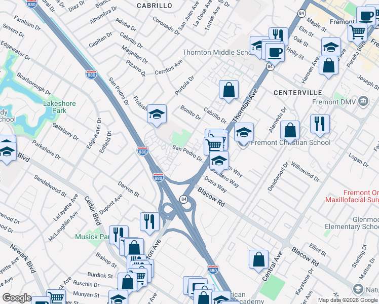 map of restaurants, bars, coffee shops, grocery stores, and more near Old Canyon Road in Fremont