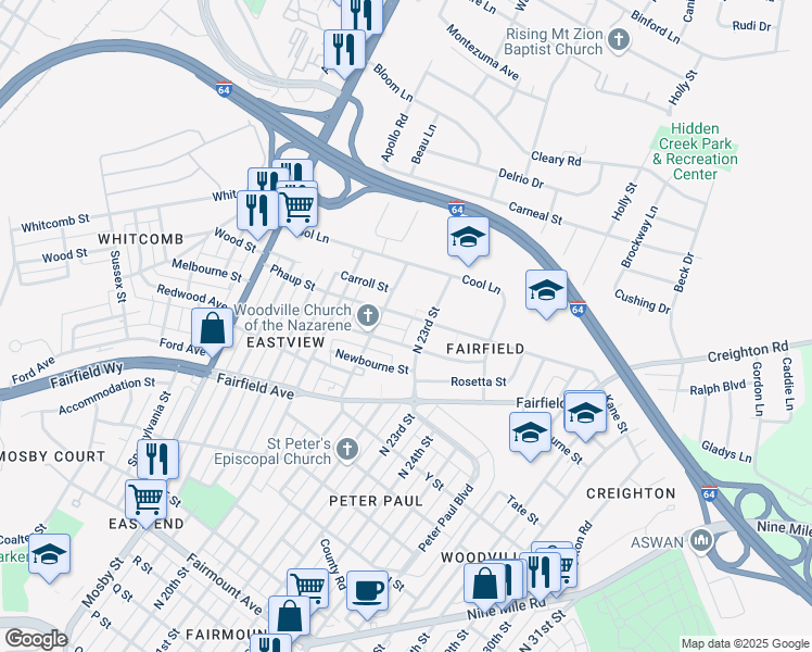 map of restaurants, bars, coffee shops, grocery stores, and more near 2220 Fairfield Avenue in Richmond