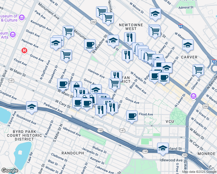 map of restaurants, bars, coffee shops, grocery stores, and more near 1621 Hanover Avenue in Richmond