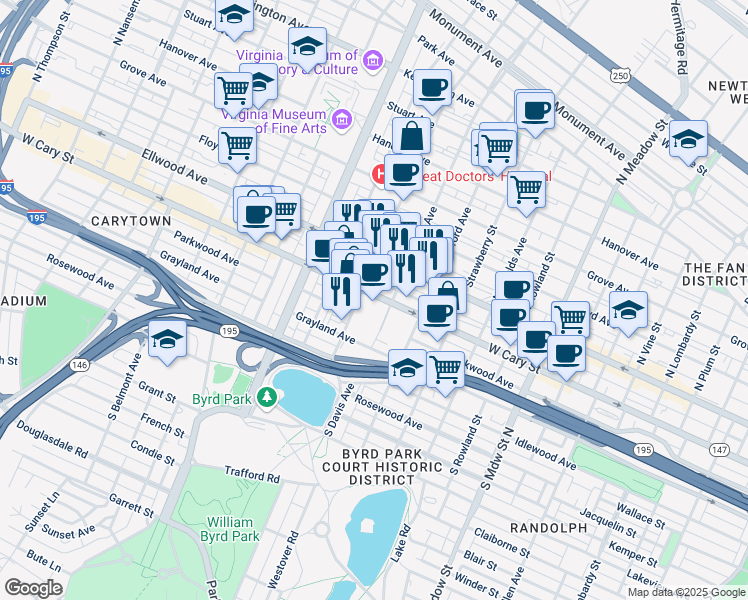 map of restaurants, bars, coffee shops, grocery stores, and more near 2512 West Cary Street in Richmond