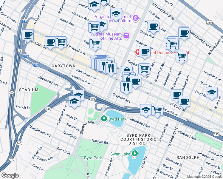 map of restaurants, bars, coffee shops, grocery stores, and more near 111 Virginia 161 in Richmond