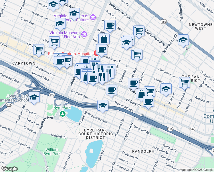 map of restaurants, bars, coffee shops, grocery stores, and more near 14 South Stafford Avenue in Richmond