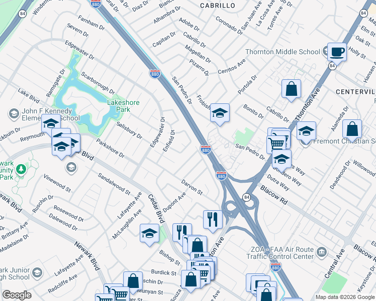 map of restaurants, bars, coffee shops, grocery stores, and more near 36388 Swift Court in Newark