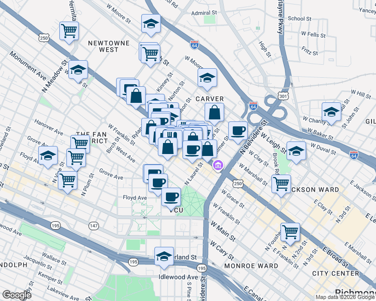 map of restaurants, bars, coffee shops, grocery stores, and more near 933 West Broad Street in Richmond