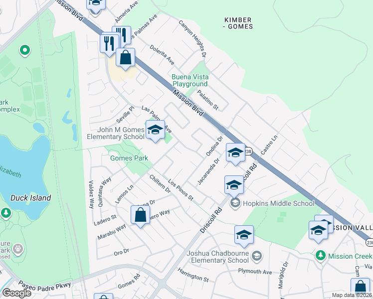 map of restaurants, bars, coffee shops, grocery stores, and more near 145 Las Palmas Court in Fremont