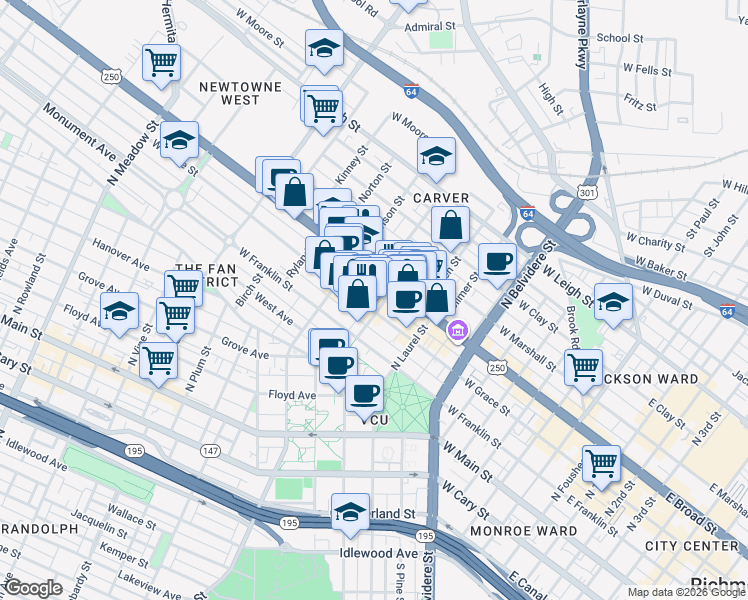 map of restaurants, bars, coffee shops, grocery stores, and more near in Richmond