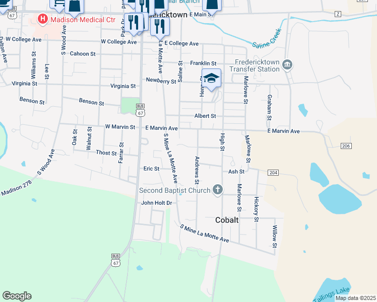map of restaurants, bars, coffee shops, grocery stores, and more near 714A Andrews Street in Fredericktown