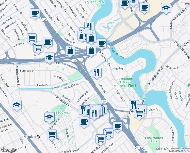 map of restaurants, bars, coffee shops, grocery stores, and more near 3 Waters Park Drive in San Mateo