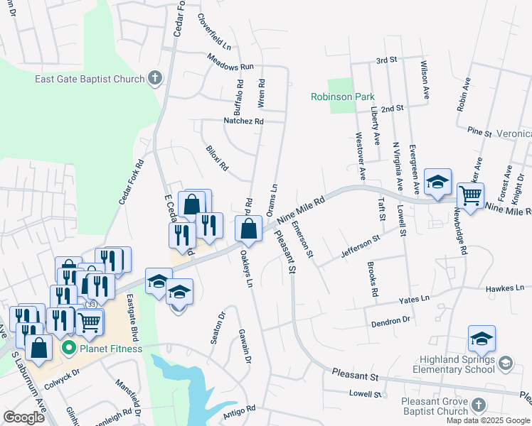 map of restaurants, bars, coffee shops, grocery stores, and more near 4 Orams Lane in Richmond