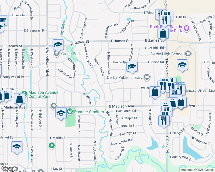 map of restaurants, bars, coffee shops, grocery stores, and more near 1300-1498 Hickory Branch in Derby