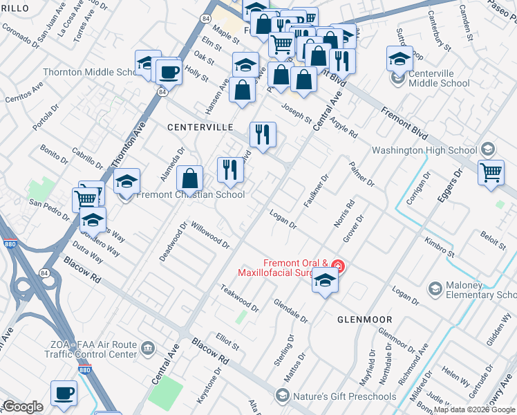 map of restaurants, bars, coffee shops, grocery stores, and more near 4479 Central Avenue in Fremont
