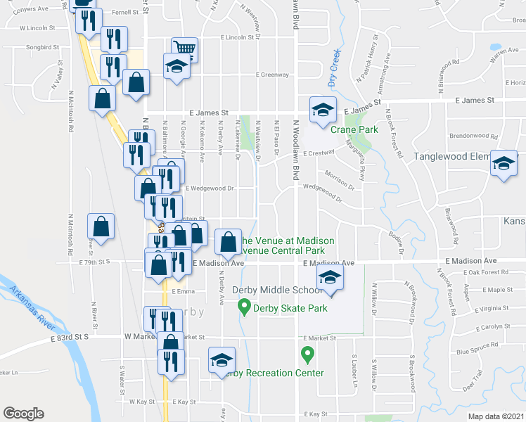 map of restaurants, bars, coffee shops, grocery stores, and more near 750 North Westview Drive in Derby