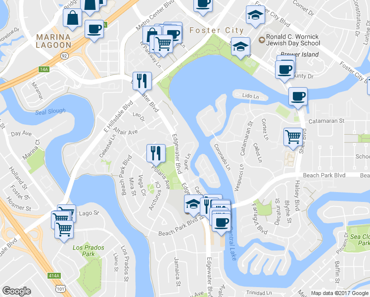 map of restaurants, bars, coffee shops, grocery stores, and more near 811 Perseus Lane in Foster City
