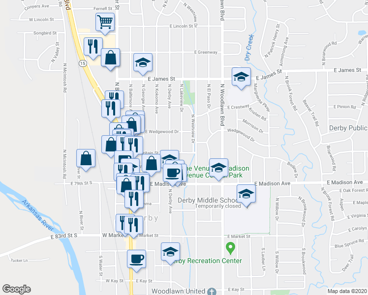 map of restaurants, bars, coffee shops, grocery stores, and more near 810 North Lakeview Drive in Derby