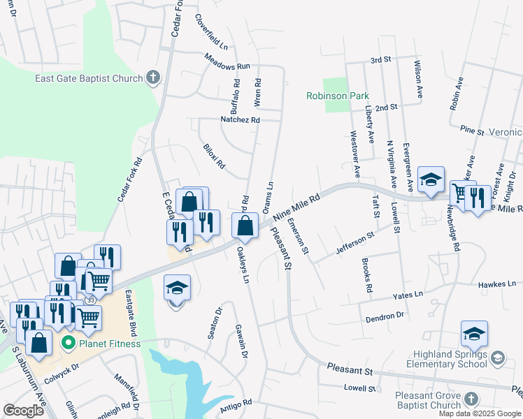 map of restaurants, bars, coffee shops, grocery stores, and more near 4 Orams Lane in Richmond