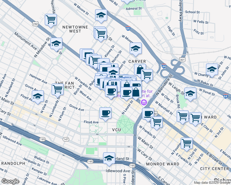 map of restaurants, bars, coffee shops, grocery stores, and more near 910w West Grace Street in Richmond