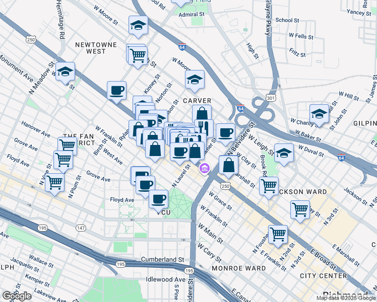 map of restaurants, bars, coffee shops, grocery stores, and more near 909 West Marshall Street in Richmond