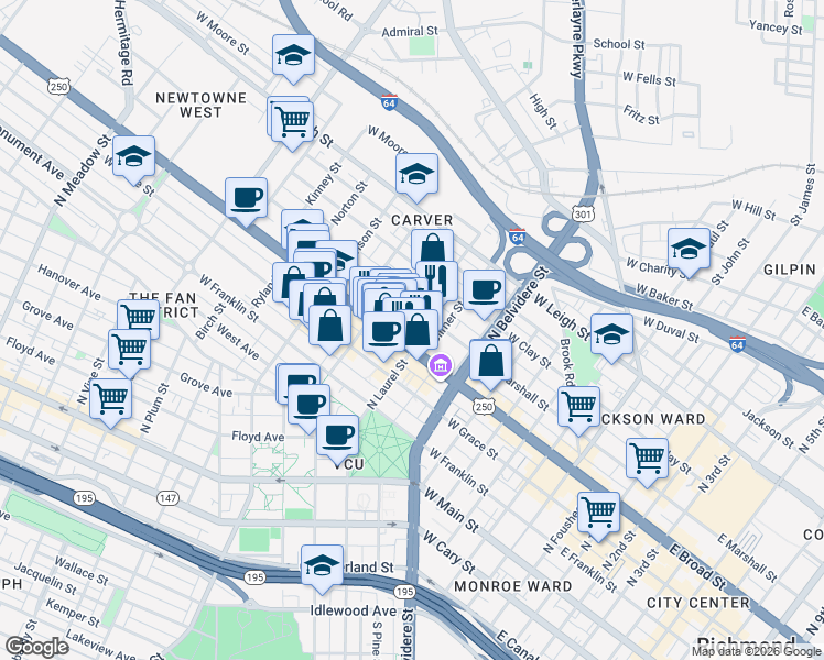 map of restaurants, bars, coffee shops, grocery stores, and more near 909 West Marshall Street in Richmond