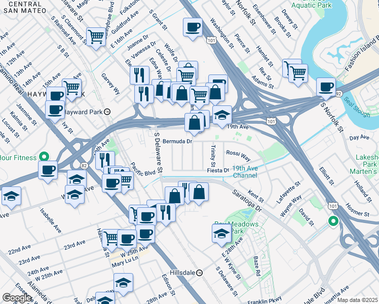 map of restaurants, bars, coffee shops, grocery stores, and more near 664 Bermuda Drive in San Mateo