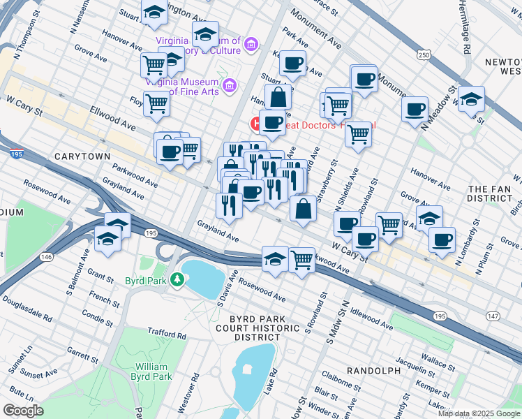 map of restaurants, bars, coffee shops, grocery stores, and more near 32 South Davis Avenue in Richmond