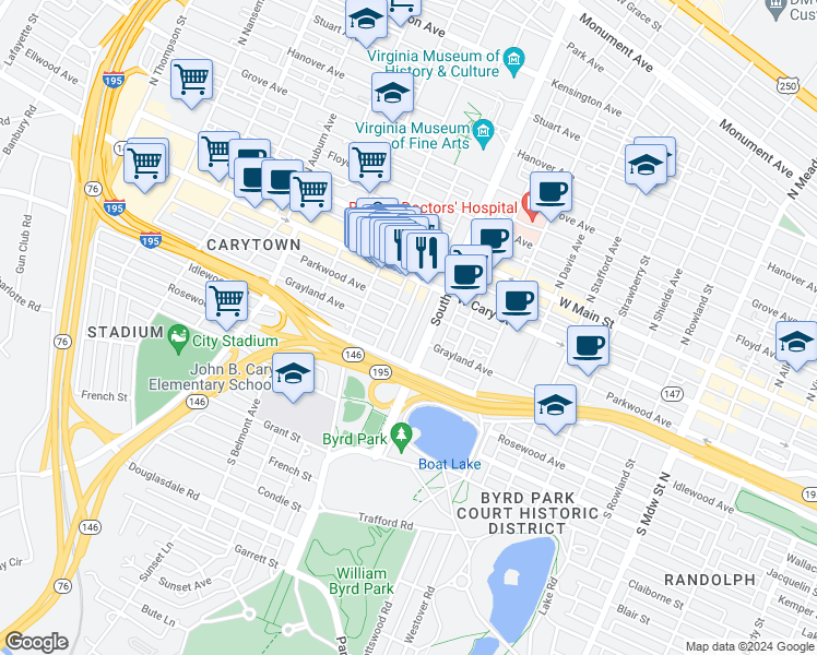 map of restaurants, bars, coffee shops, grocery stores, and more near 139 South Colonial Avenue in Richmond