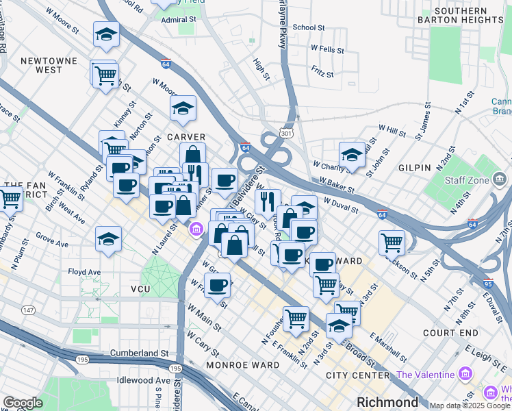 map of restaurants, bars, coffee shops, grocery stores, and more near 501 Catherine Street in Richmond
