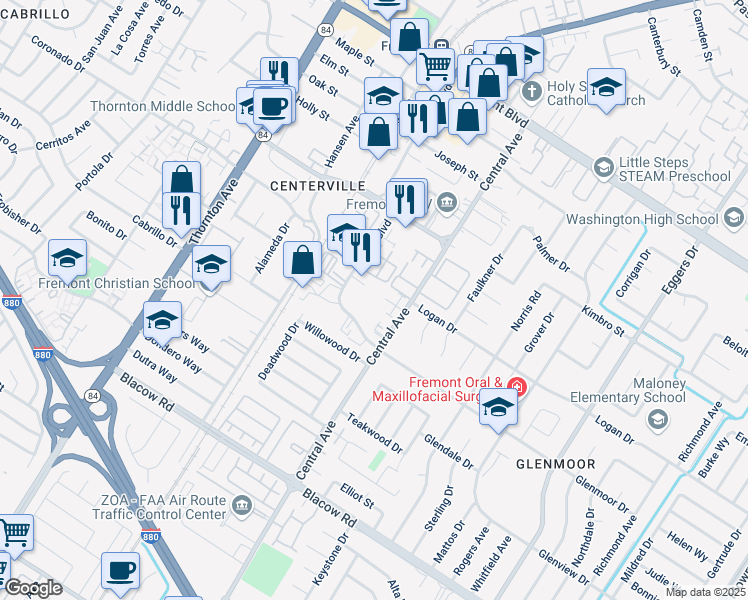 map of restaurants, bars, coffee shops, grocery stores, and more near 37506 Wilburn Place in Fremont