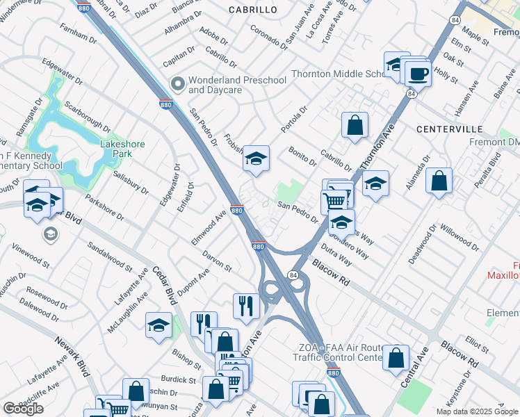 map of restaurants, bars, coffee shops, grocery stores, and more near 36543 San Pedro Drive in Fremont