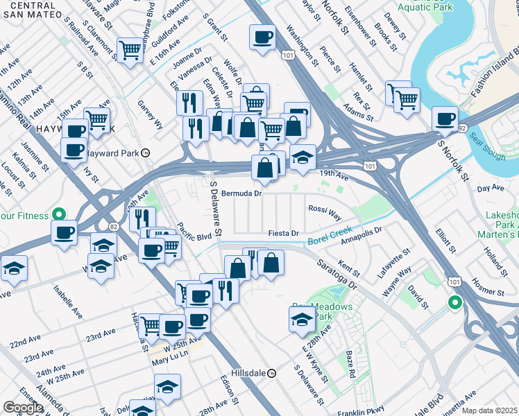 map of restaurants, bars, coffee shops, grocery stores, and more near 664 Bermuda Drive in San Mateo