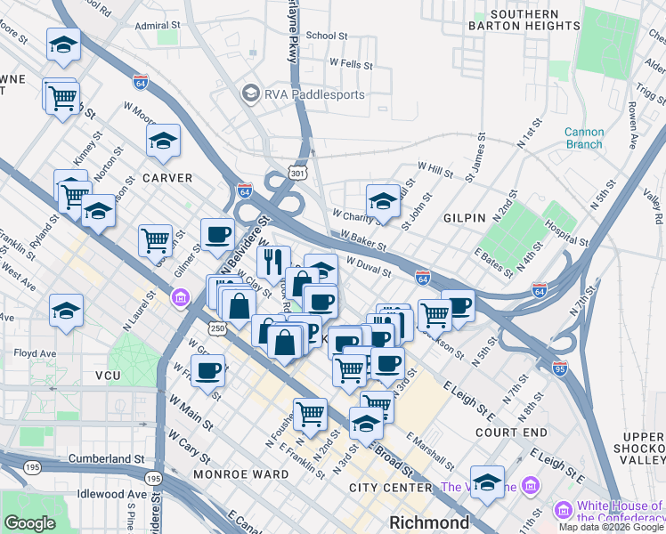 map of restaurants, bars, coffee shops, grocery stores, and more near 630 Chamberlayne Avenue in Richmond