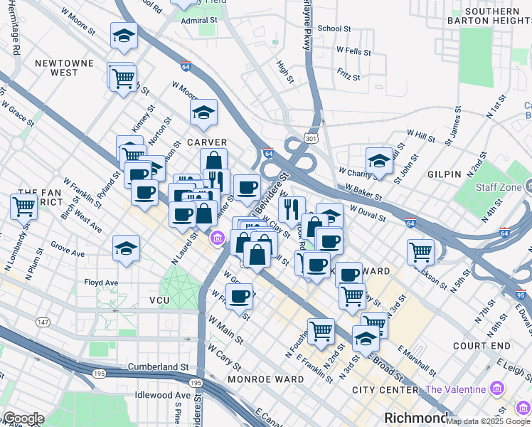 map of restaurants, bars, coffee shops, grocery stores, and more near 521 Catherine Street in Richmond