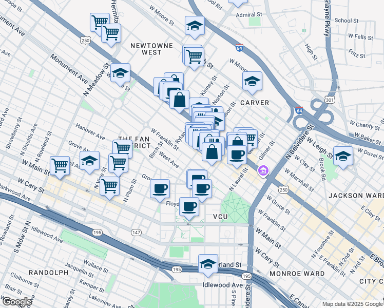 map of restaurants, bars, coffee shops, grocery stores, and more near 1011 West Grace Street in Richmond
