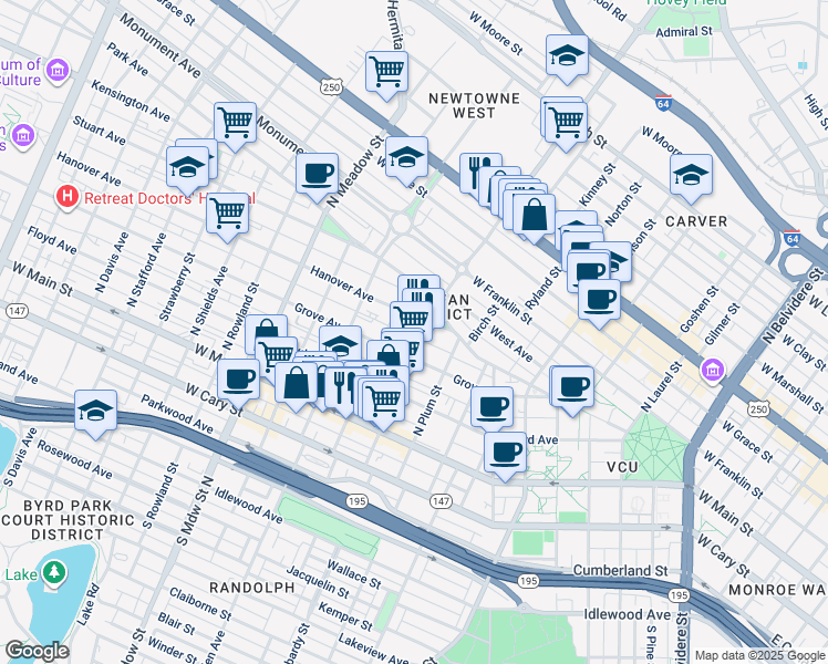 map of restaurants, bars, coffee shops, grocery stores, and more near 1621 Hanover Avenue in Richmond