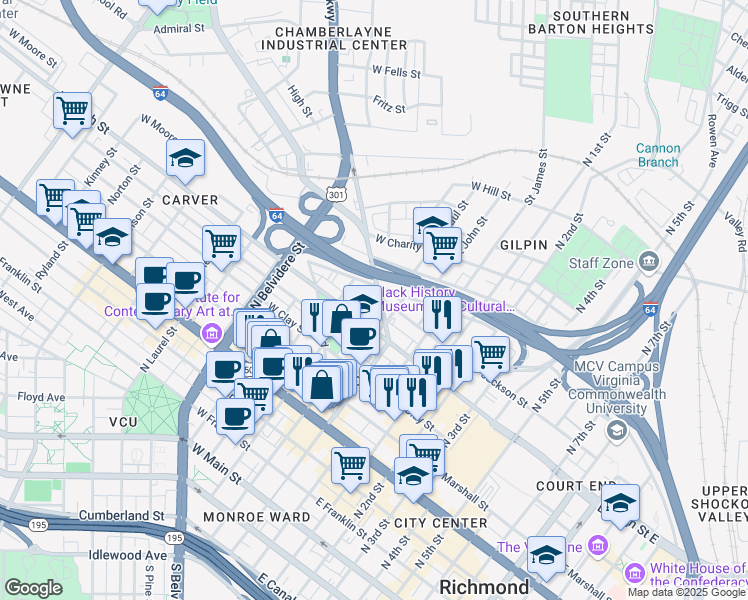 map of restaurants, bars, coffee shops, grocery stores, and more near 127 West Jackson Street in Richmond
