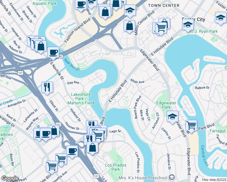 map of restaurants, bars, coffee shops, grocery stores, and more near 740 Promontory Point Lane in Foster City