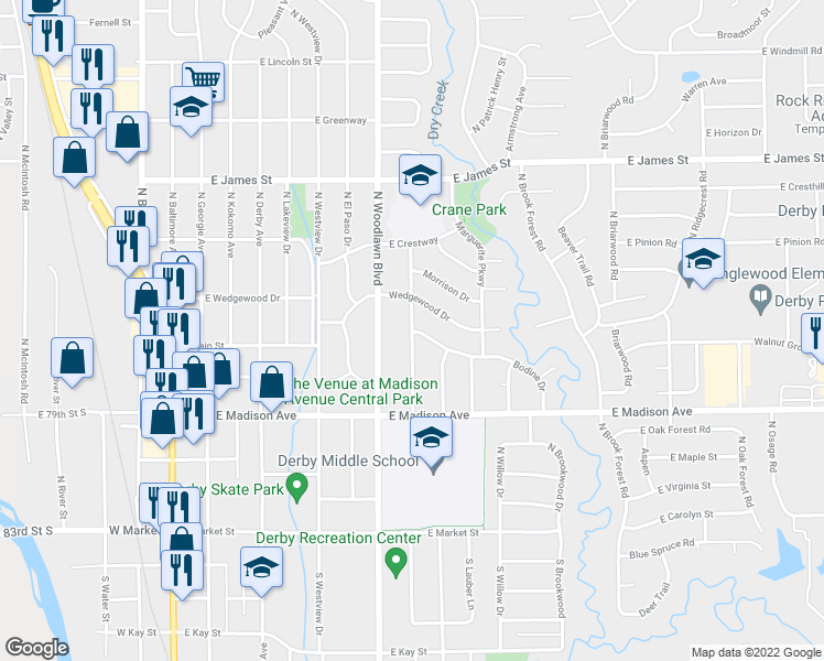 map of restaurants, bars, coffee shops, grocery stores, and more near 735 North Farmington Drive in Derby