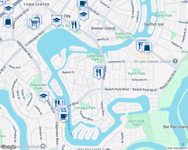 map of restaurants, bars, coffee shops, grocery stores, and more near 986 Cartier Lane in Foster City