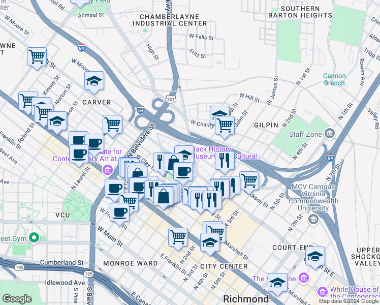 map of restaurants, bars, coffee shops, grocery stores, and more near 129 West Jackson Street in Richmond