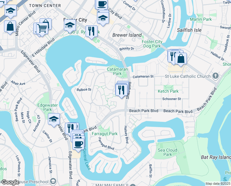 map of restaurants, bars, coffee shops, grocery stores, and more near 986 Cartier Lane in Foster City