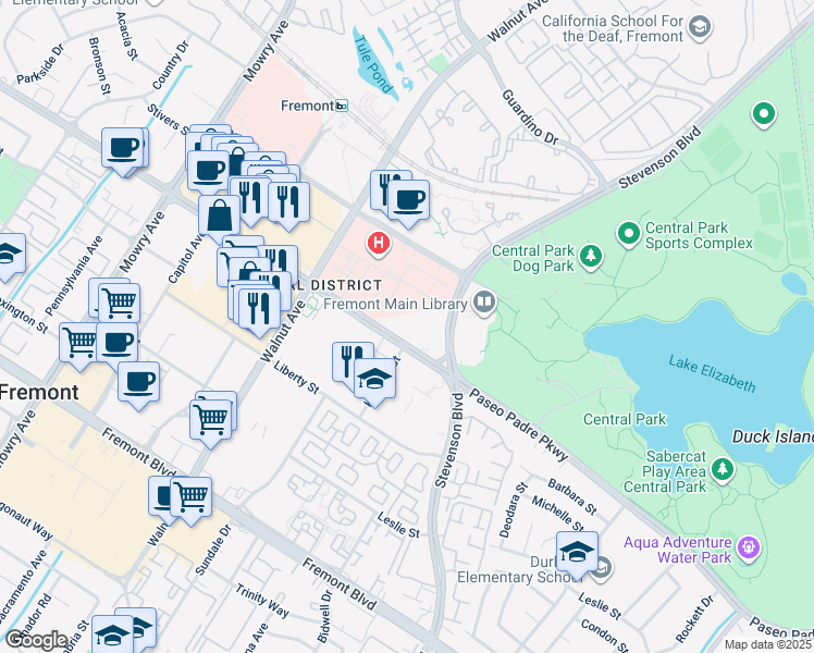 map of restaurants, bars, coffee shops, grocery stores, and more near 39510 Paseo Padre Parkway in Fremont