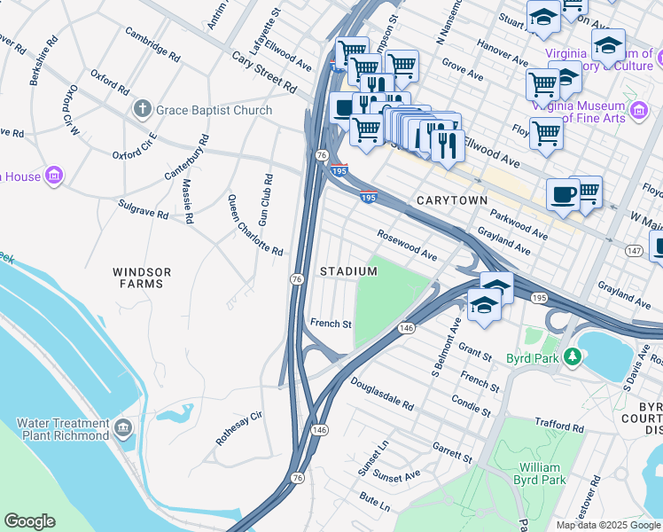 map of restaurants, bars, coffee shops, grocery stores, and more near 612 South Nansemond Street in Richmond