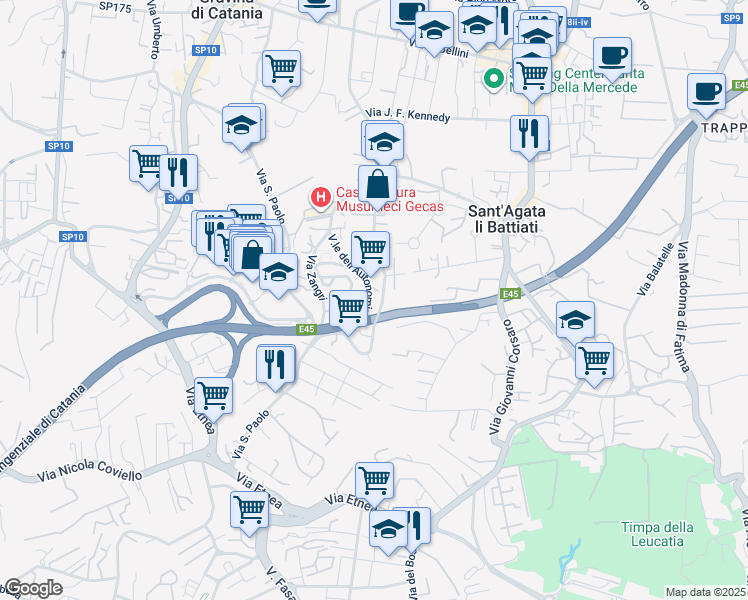 map of restaurants, bars, coffee shops, grocery stores, and more near 103 Via A. di Sangiuliano in Sant'agata Li Battiati