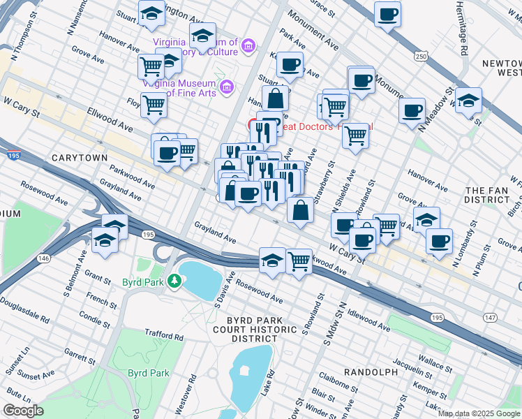 map of restaurants, bars, coffee shops, grocery stores, and more near 28 South Davis Avenue in Richmond